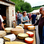 **

A bustling farmer's market in the French countryside. Focus on the interaction between a rural tourism planner (mid-30s, casually dressed but professional) and a weathered, older goat farmer. Capture the essence of negotiation and trust-building, with close-ups on artisan cheeses and other local produce. Soft, natural lighting to emphasize authenticity. The title should be: “Building Trust with Locals in Rural France”

**