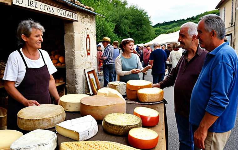 **
A bustling farmer's market in the French countryside. Focus on the interaction between a rural tourism planner (mid-30s, casually dressed but professional) and a weathered, older goat farmer. Capture the essence of negotiation and trust-building, with close-ups on artisan cheeses and other local produce. Soft, natural lighting to emphasize authenticity. The title should be: “Building Trust with Locals in Rural France”
**