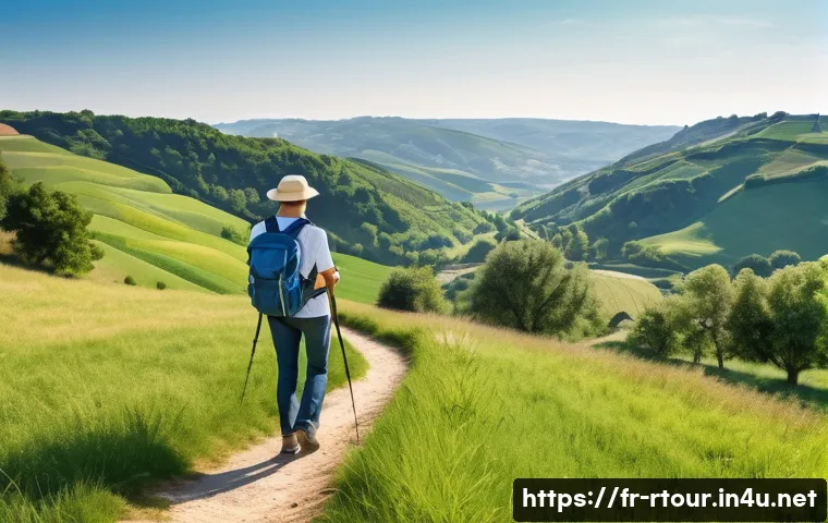 농촌관광기획사 포트폴리오 작성법 - A professional rural tourism guide leading a small group on a scenic hiking trail in the French coun...