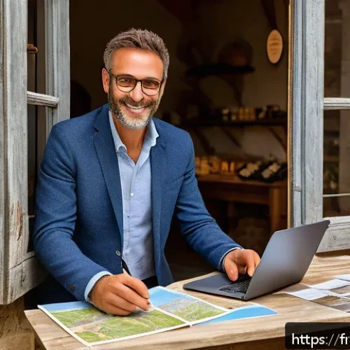농촌관광기획사 연봉 협상 전략 - A professional rural tourism consultant negotiating salary in a modern French countryside office, dr...