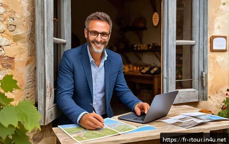 농촌관광기획사 연봉 협상 전략 - A professional rural tourism consultant negotiating salary in a modern French countryside office, dr...