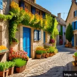 농촌관광기획사 자격증 시험과목 분석 - A charming rural French village scene during early autumn, featuring traditional stone cottages with...