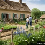 농촌관광기획사 업무 교육 과정 - A serene rural farm scene in the French countryside during late spring, featuring visitors wearing c...
