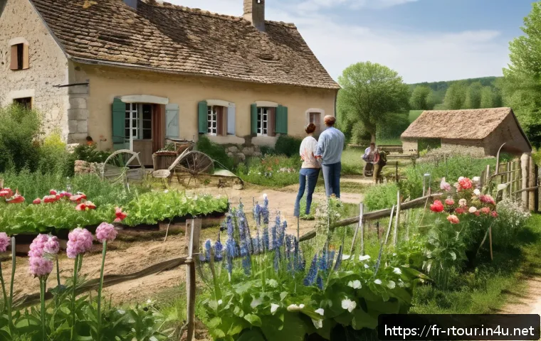 농촌관광기획사 업무 교육 과정 - A serene rural farm scene in the French countryside during late spring, featuring visitors wearing c...