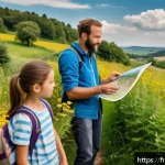농촌관광기획사 자격증 시험 준비 - A rural tourism guide leading a diverse group of visitors&mdash;children, adults, and families&mdash;through a l...