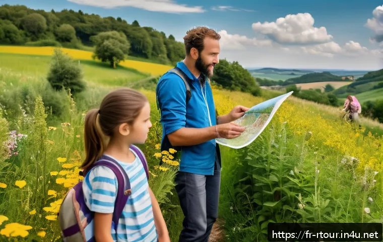 농촌관광기획사 자격증 시험 준비 - A rural tourism guide leading a diverse group of visitors—children, adults, and families—through a l...